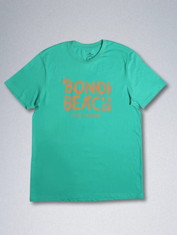 Tom Tailor turquoise cotton men’s T-shirt with Bondi Beach graphic print, short sleeves, and round neck