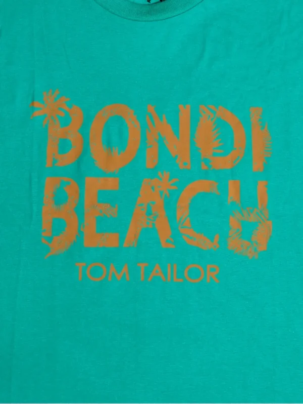 Tom Tailor turquoise cotton men’s T-shirt with Bondi Beach graphic print, short sleeves, and round neck