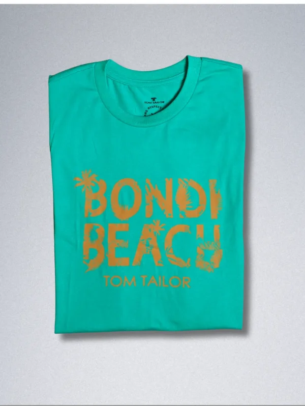 Tom Tailor turquoise cotton men’s T-shirt with Bondi Beach graphic print, short sleeves, and round neck