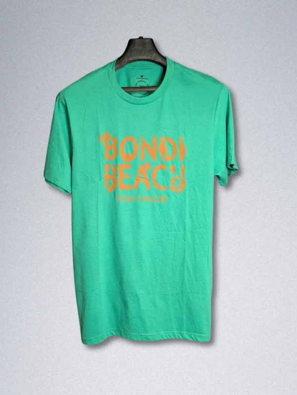 Tom Tailor turquoise cotton men’s T-shirt with Bondi Beach graphic print, short sleeves, and round neck