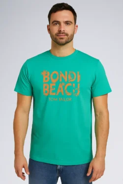 Tom Tailor turquoise cotton men’s T-shirt with Bondi Beach graphic print, short sleeves, and round neck