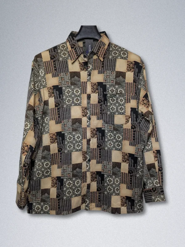 Men's Report Patchwork Silk Shirt, a long-sleeve button-down with an all-over patchwork design of geometric and tribal prints