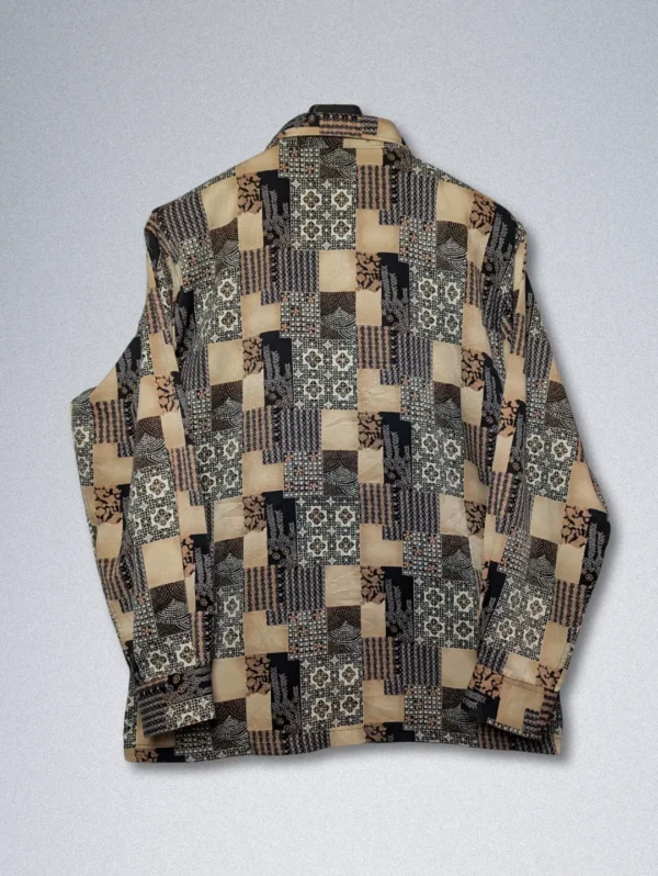 Men's Report Patchwork Silk Shirt, a long-sleeve button-down with an all-over patchwork design of geometric and tribal prints