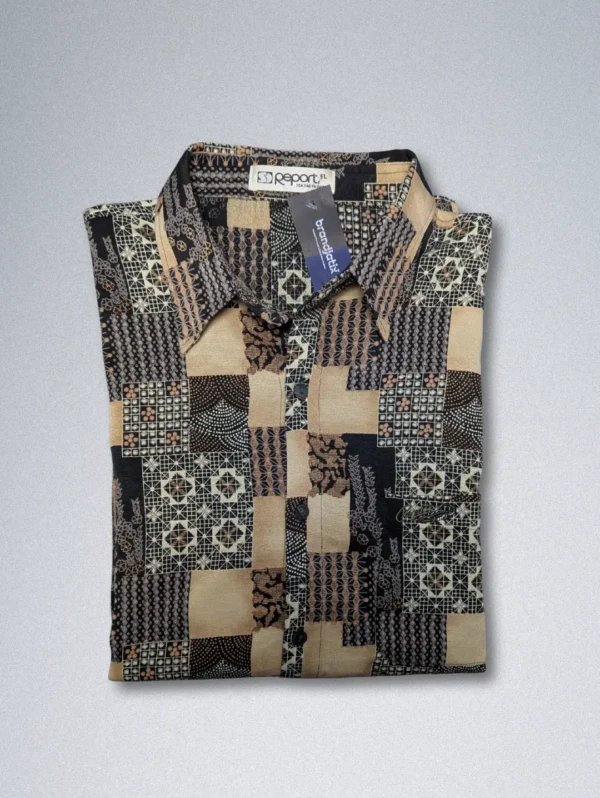 Men's Report Patchwork Silk Shirt, a long-sleeve button-down with an all-over patchwork design of geometric and tribal prints