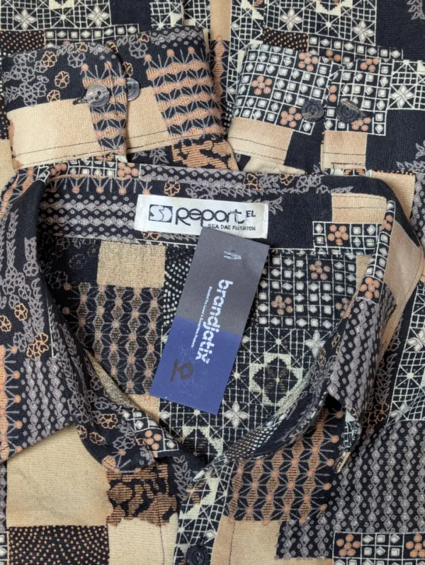 Men's Report Patchwork Silk Shirt, a long-sleeve button-down with an all-over patchwork design of geometric and tribal prints