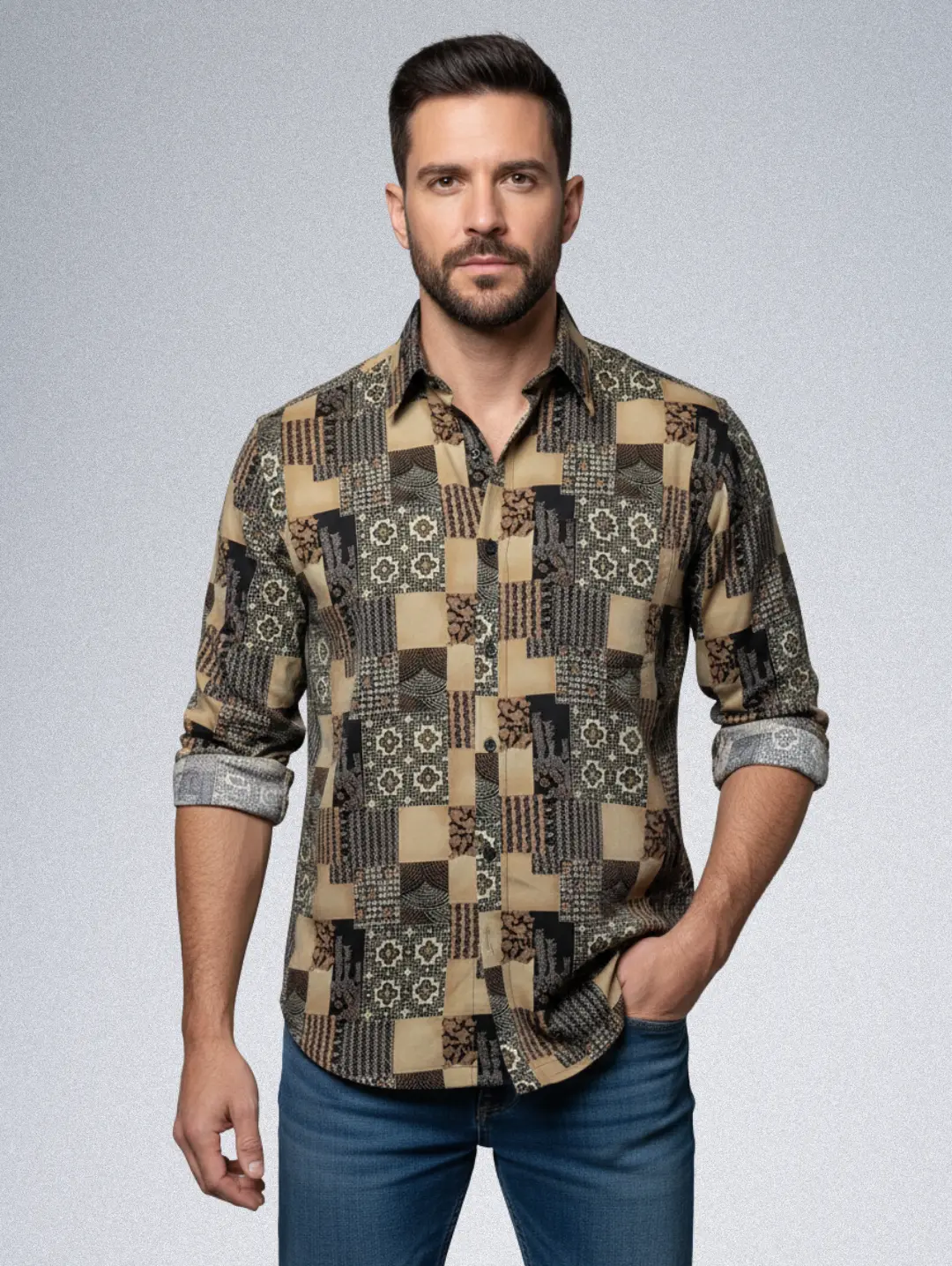15909-10 Report Patchwork Silk Shirt - Men's Long-Sleeve | Vintage Geometric Print Button-Down - Image 1