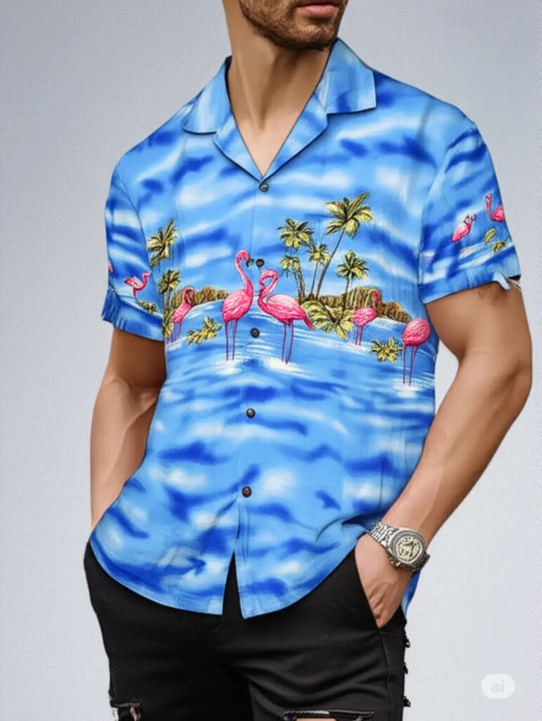 15909-11 KY's Flamingo Paradise Cotton Shirt - Authentic Hawaiian Print | Men's Aloha Button-Down - Image 1