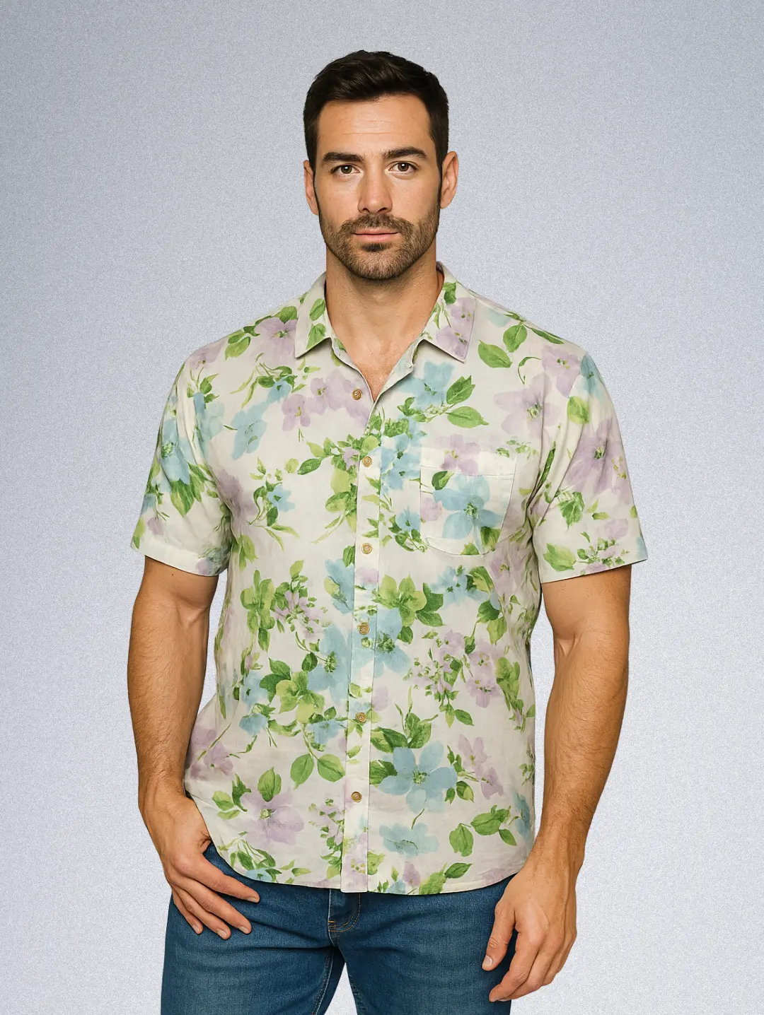 15909-15 Old Navy Men's Floral Hawaiian Shirt - Pastel Flower Print, Short Sleeve Button-Down - Image 1