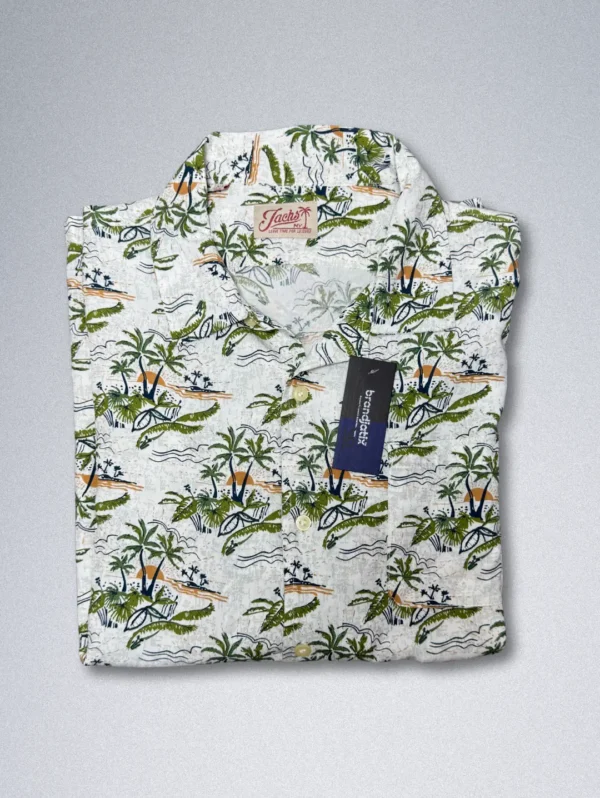 Men's Jachs NY Tropical Palm Cotton Shirt, an all-over print with green palm trees on a light background