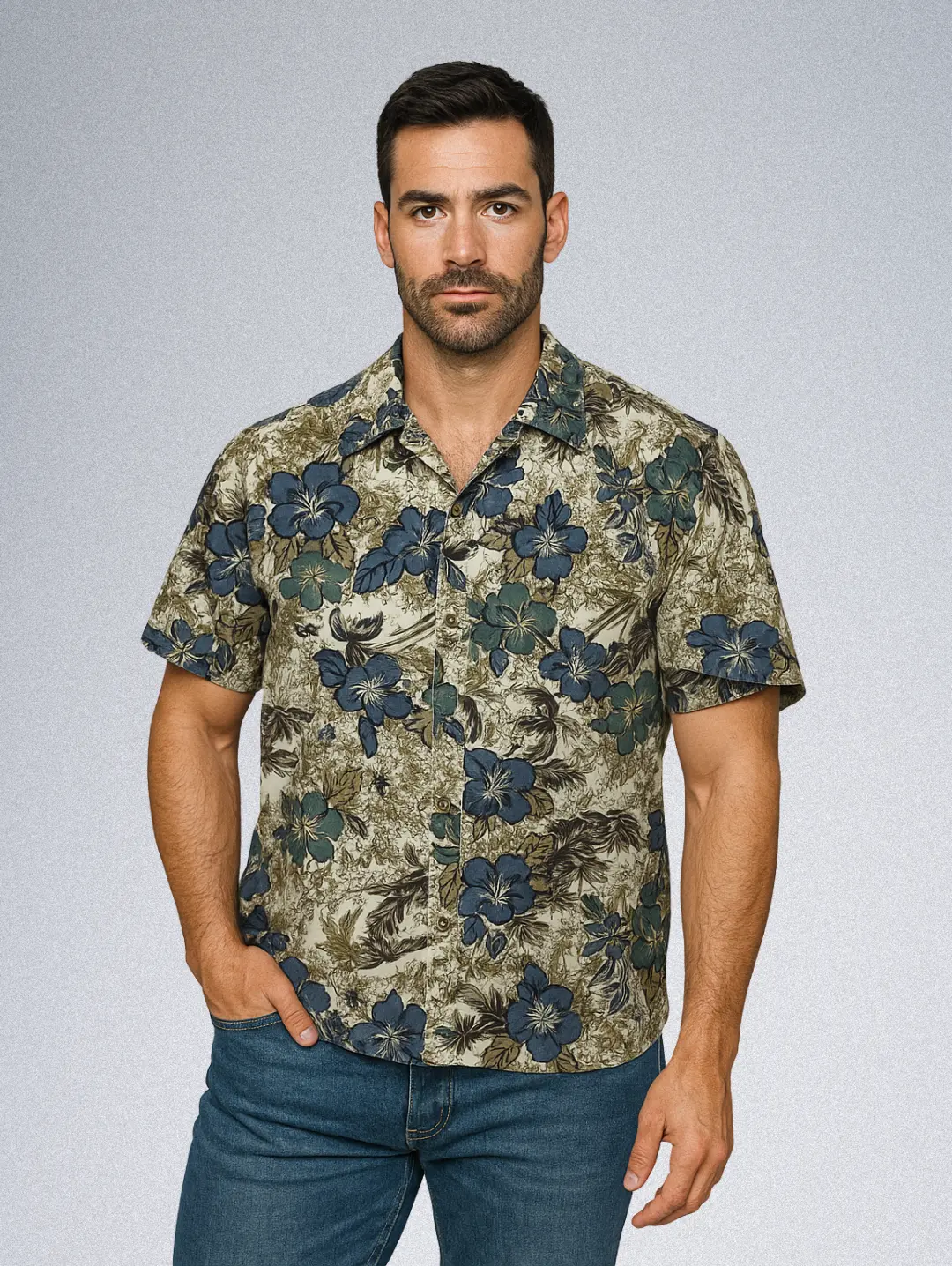 15909-18 Havana Jack's Cafe Men's Tropical Hawaiian Shirt - Blue & Green Floral Print, Cotton Button-Down - Image 1