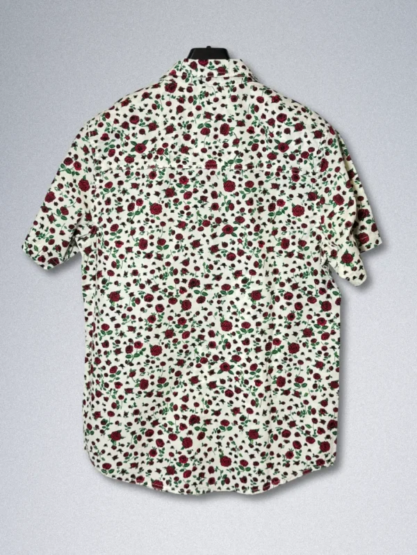 Men's Dravus Classic Rose Cotton Shirt, a short-sleeve button-down with an all-over print of small red roses on a cream background.