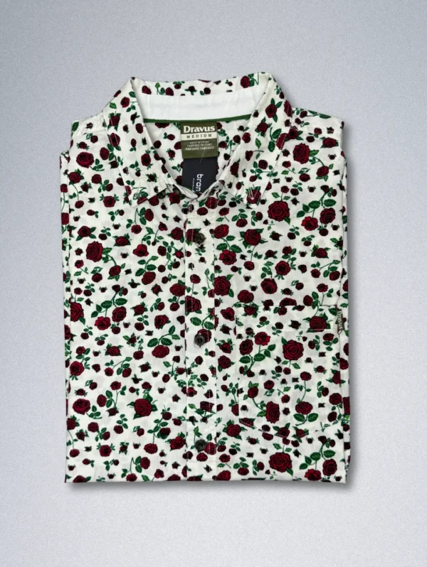 Men's Dravus Classic Rose Cotton Shirt, a short-sleeve button-down with an all-over print of small red roses on a cream background.