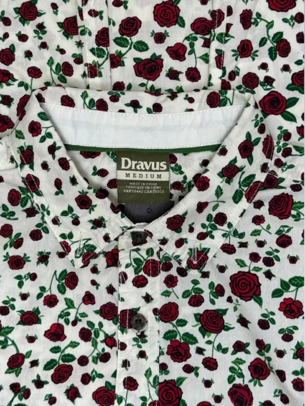 Men's Dravus Classic Rose Cotton Shirt, a short-sleeve button-down with an all-over print of small red roses on a cream background.