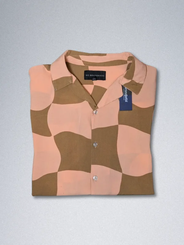 Men's No Boundaries Retro Silk Shirt, a short-sleeve button-down with a wavy checkerboard pattern in brown and dusty rose pink
