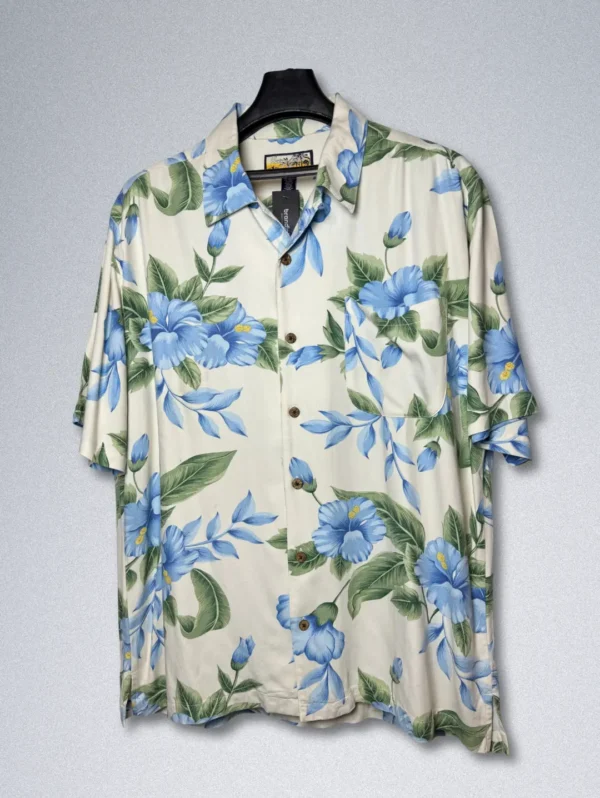 Men's Havana Jack's Cafe Hawaiian Shirt, a light-colored short-sleeve button-down with a blue hibiscus floral print.
