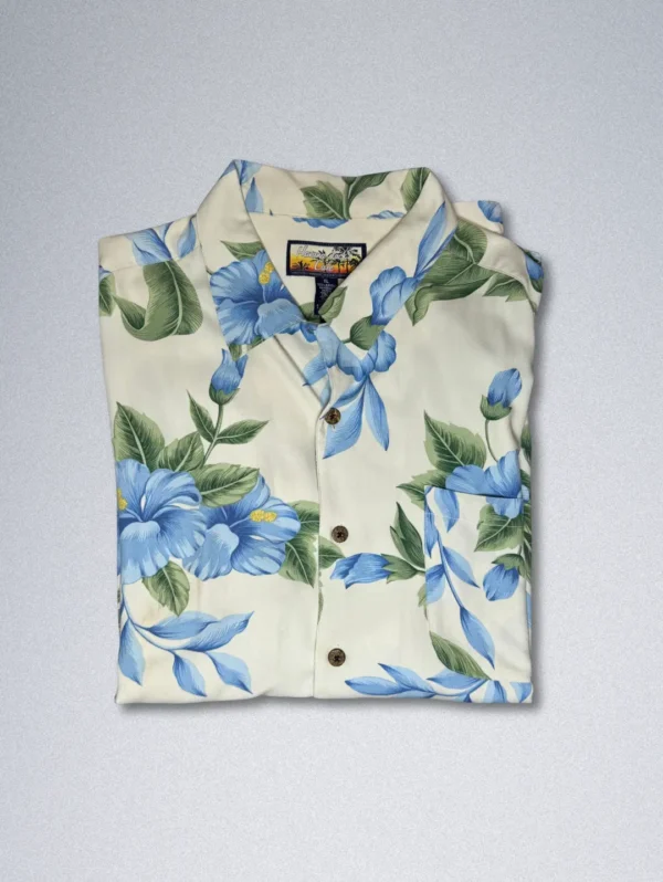 Men's Havana Jack's Cafe Hawaiian Shirt, a light-colored short-sleeve button-down with a blue hibiscus floral print.