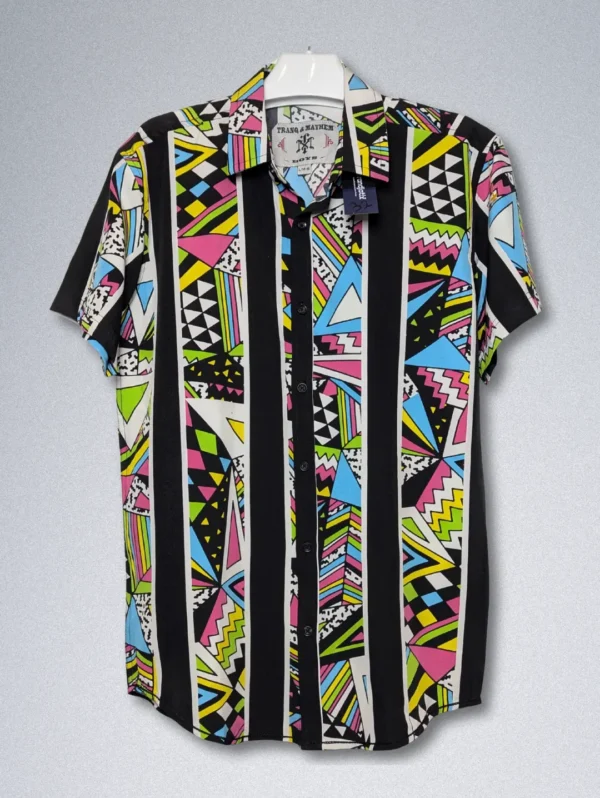 Men's Tranq & Mayhem Retro Silk Shirt, a short-sleeve button-down with black stripes and a multi-colored geometric print
