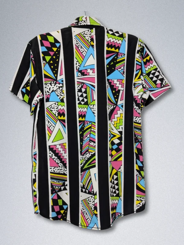 Men's Tranq & Mayhem Retro Silk Shirt, a short-sleeve button-down with black stripes and a multi-colored geometric print