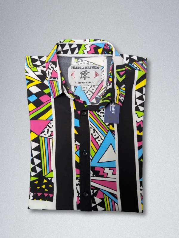 Men's Tranq & Mayhem Retro Silk Shirt, a short-sleeve button-down with black stripes and a multi-colored geometric print