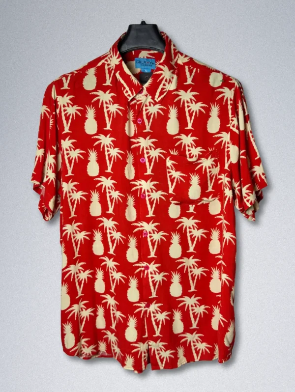 Men's GALAXY Pineapple & Palm Tree Hawaiian Shirt, a red button-down with a cream-colored tropical print.