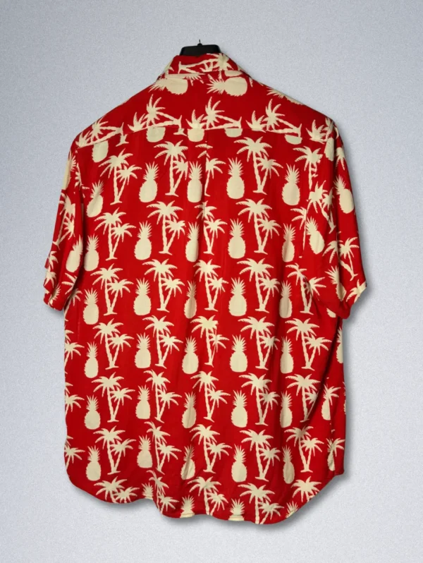 Men's GALAXY Pineapple & Palm Tree Hawaiian Shirt, a red button-down with a cream-colored tropical print.
