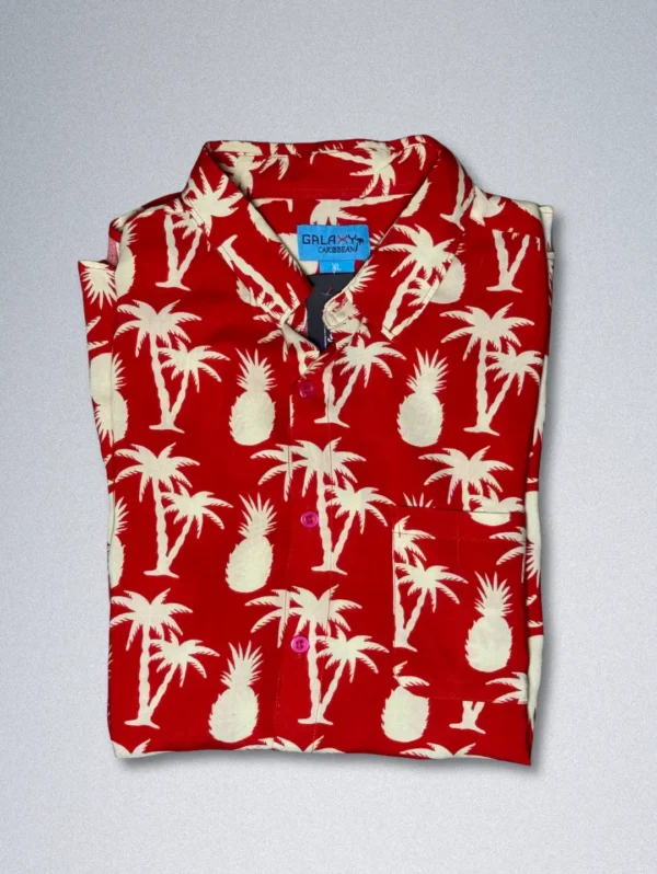 Men's GALAXY Pineapple & Palm Tree Hawaiian Shirt, a red button-down with a cream-colored tropical print.