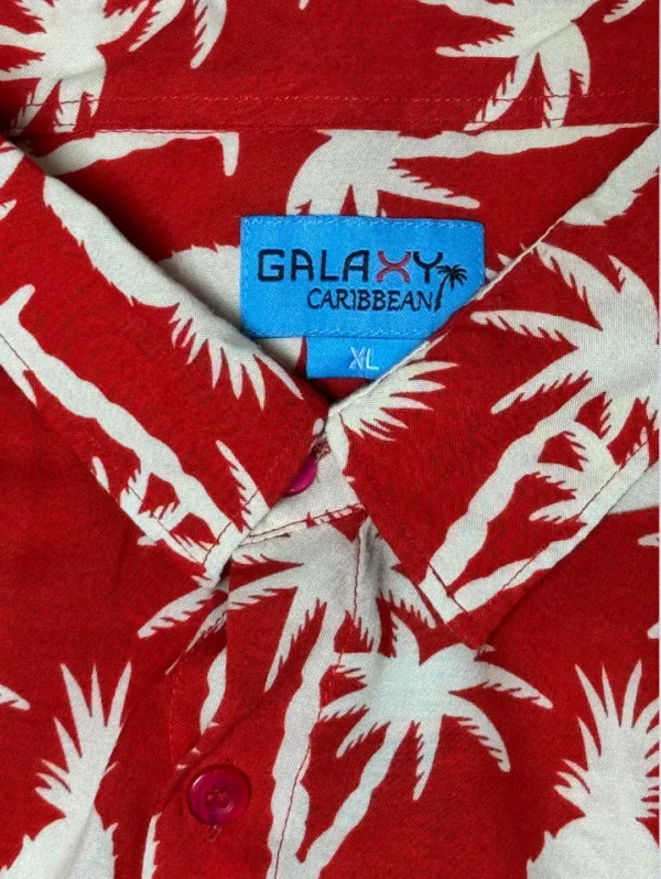 Men's GALAXY Pineapple & Palm Tree Hawaiian Shirt, a red button-down with a cream-colored tropical print.