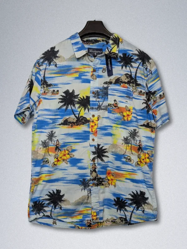 Men's Rumors Painterly Tropical Cotton Shirt, a short-sleeve button-down with a blue and yellow brushstroke background and black palm tree silhouettes.