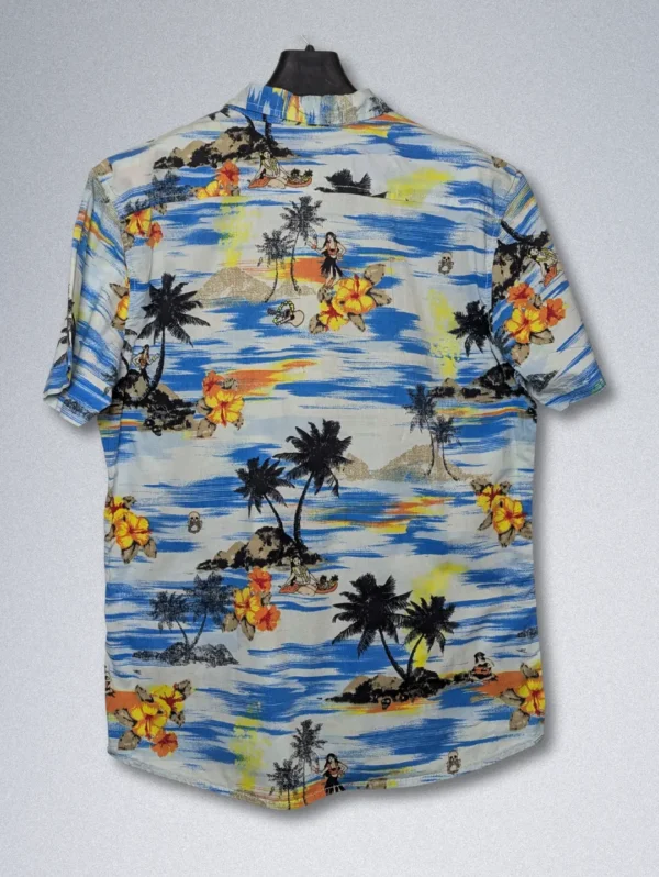 Men's Rumors Painterly Tropical Cotton Shirt, a short-sleeve button-down with a blue and yellow brushstroke background and black palm tree silhouettes.