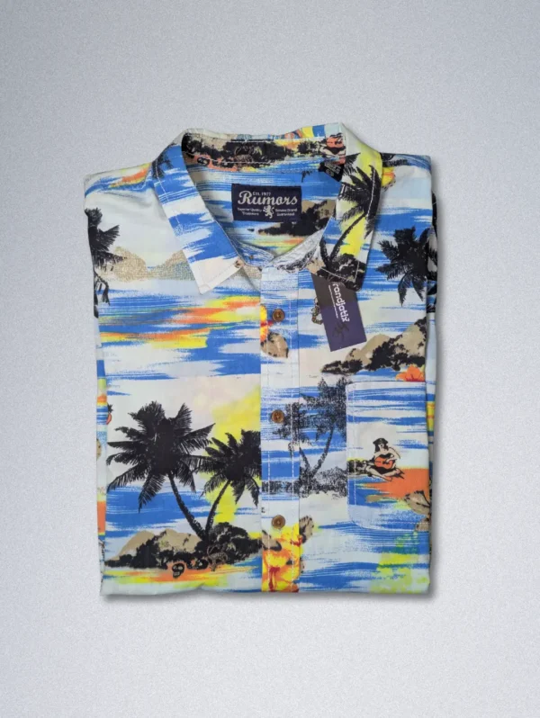 Men's Rumors Painterly Tropical Cotton Shirt, a short-sleeve button-down with a blue and yellow brushstroke background and black palm tree silhouettes.