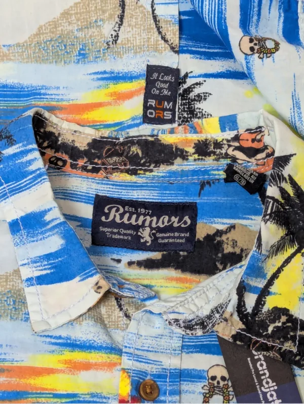 Men's Rumors Painterly Tropical Cotton Shirt, a short-sleeve button-down with a blue and yellow brushstroke background and black palm tree silhouettes.
