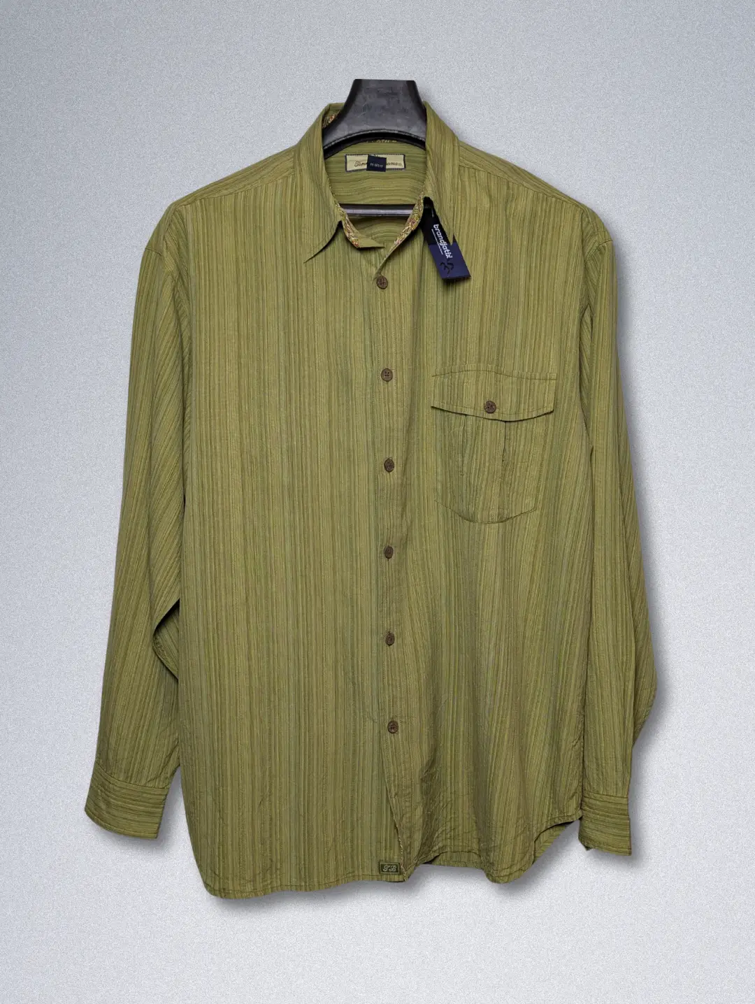 15909-35 (1) Men's Tommy Bahama long-sleeve silk shirt with a subtle olive green pinstripe texture.