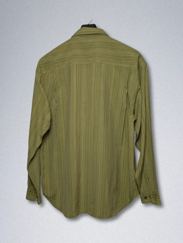 Men's Tommy Bahama long-sleeve silk shirt with a subtle olive green pinstripe texture.