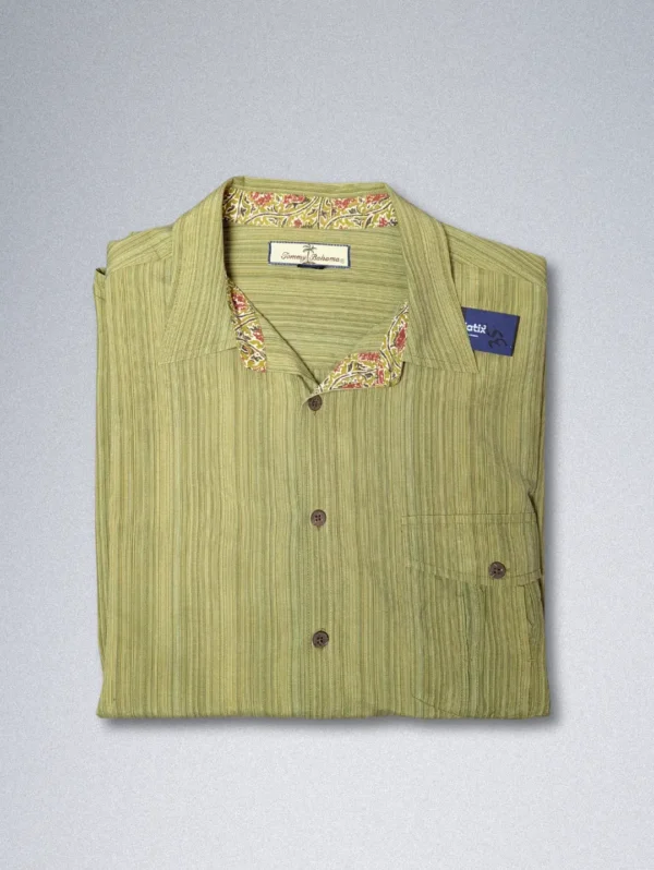 Men's Tommy Bahama long-sleeve silk shirt with a subtle olive green pinstripe texture.