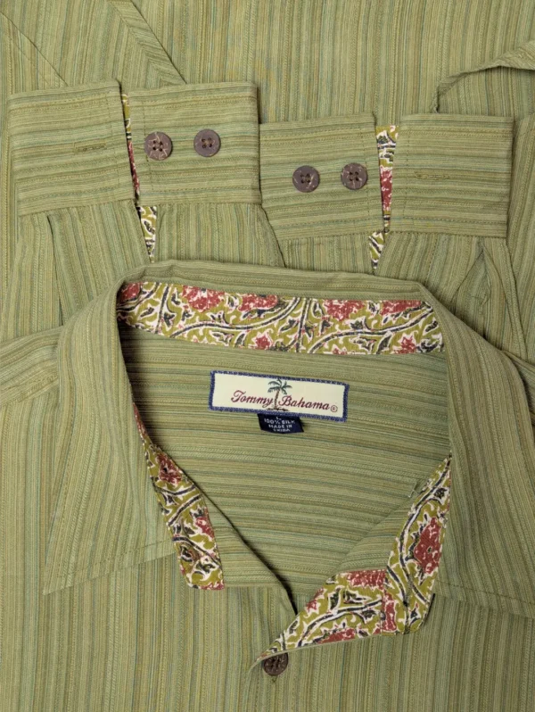 Men's Tommy Bahama long-sleeve silk shirt with a subtle olive green pinstripe texture.