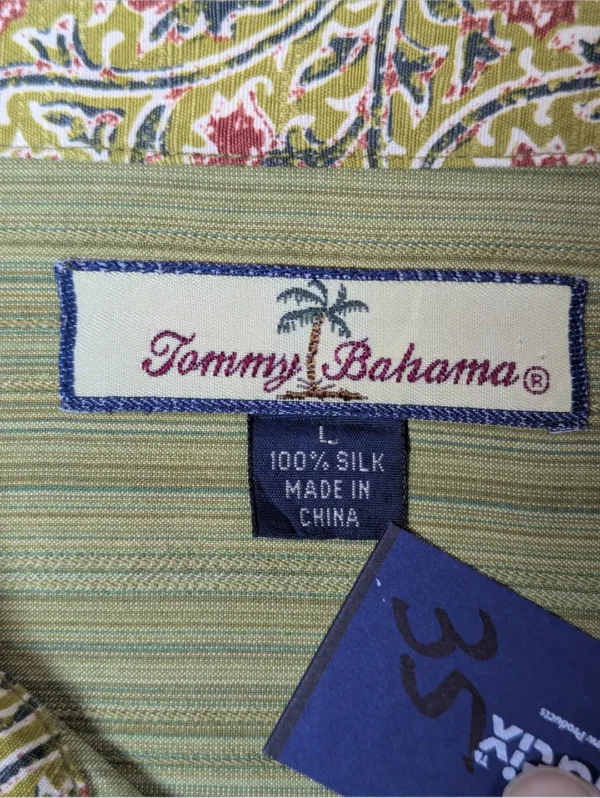 Men's Tommy Bahama long-sleeve silk shirt with a subtle olive green pinstripe texture.