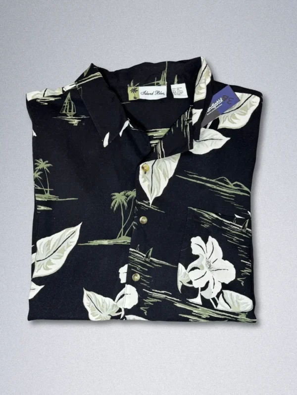 Men's Island Blue Hawaiian Shirt, a black short-sleeve button-down with a high-contrast white tropical print.