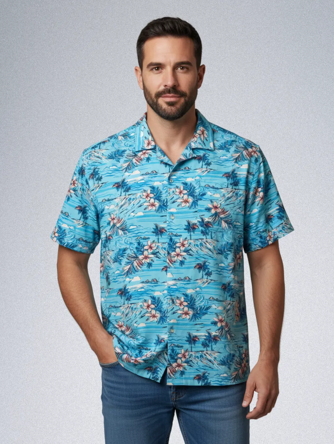 15909-37 Penguin Hawaiian Shirt - Men's Blue Tropical Print | Floral Rayon Button-Down - Image 1