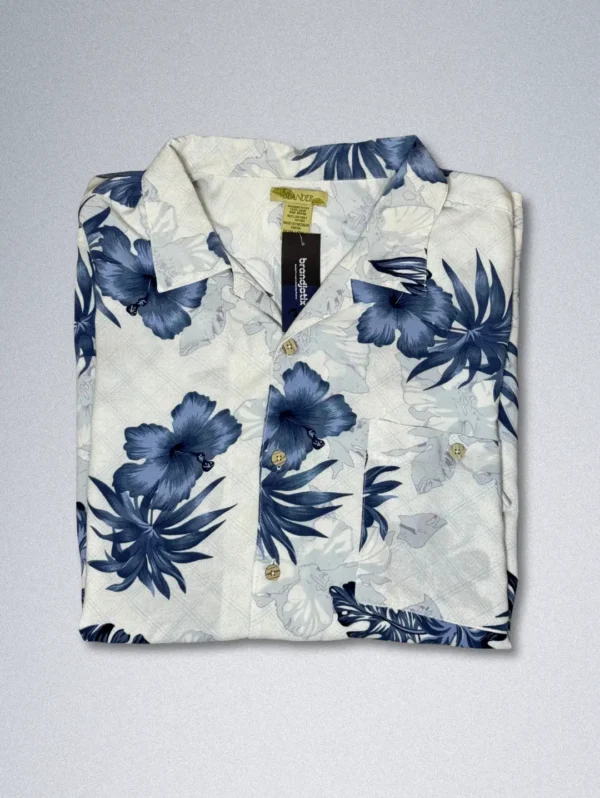 Men's ISLANDER Blue Floral Rayon Shirt, a white short-sleeve button-down with a blue and gray tropical floral print.