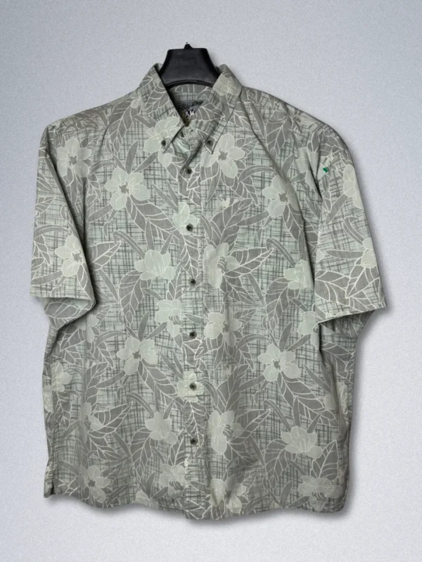 Big Dog's Green Floral Cotton Shirt - Men's short-sleeve Hawaiian shirt with a light green and white tropical floral print and an embroidered dog logo on the chest.