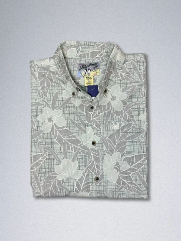 Big Dog's Green Floral Cotton Shirt - Men's short-sleeve Hawaiian shirt with a light green and white tropical floral print and an embroidered dog logo on the chest.