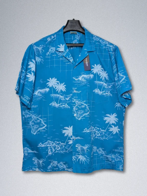 Men's Jade Fashion Tropical Cotton Shirt, a light blue button-down with a yellow hibiscus and tropical postcard print