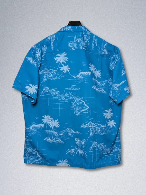 Men's Jade Fashion Tropical Cotton Shirt, a light blue button-down with a yellow hibiscus and tropical postcard print
