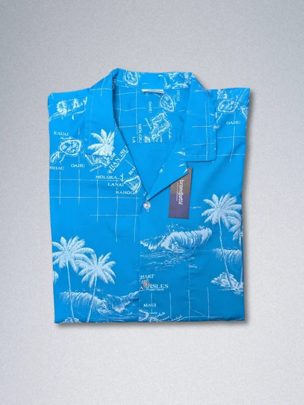 Men's Jade Fashion Tropical Cotton Shirt, a light blue button-down with a yellow hibiscus and tropical postcard print
