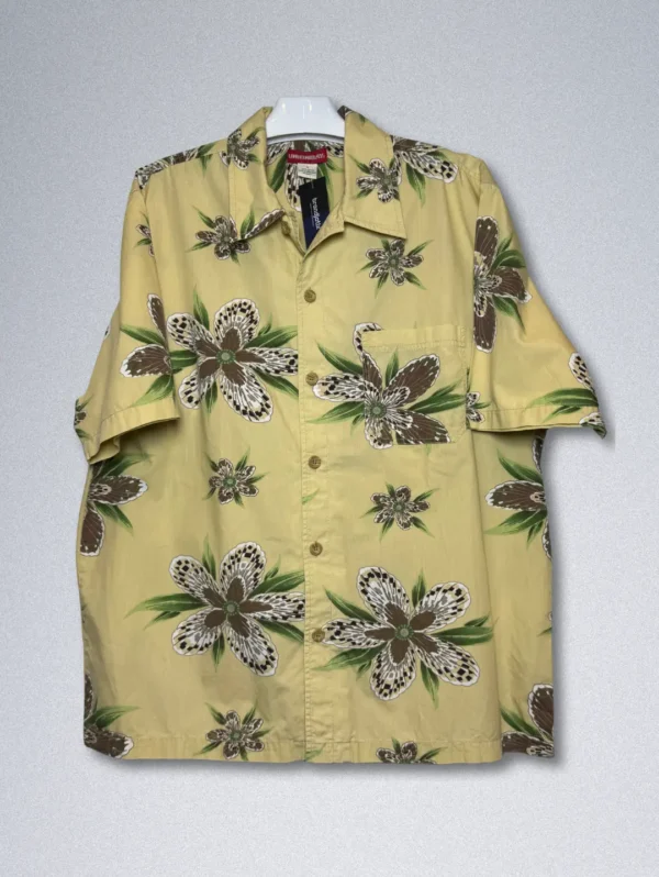 UNIONBAY Yellow Floral Cotton Shirt - Men's short-sleeve button-down with a brown and white tropical floral print, made from 100% cotton.