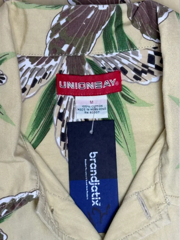 UNIONBAY Yellow Floral Cotton Shirt - Men's short-sleeve button-down with a brown and white tropical floral print, made from 100% cotton.