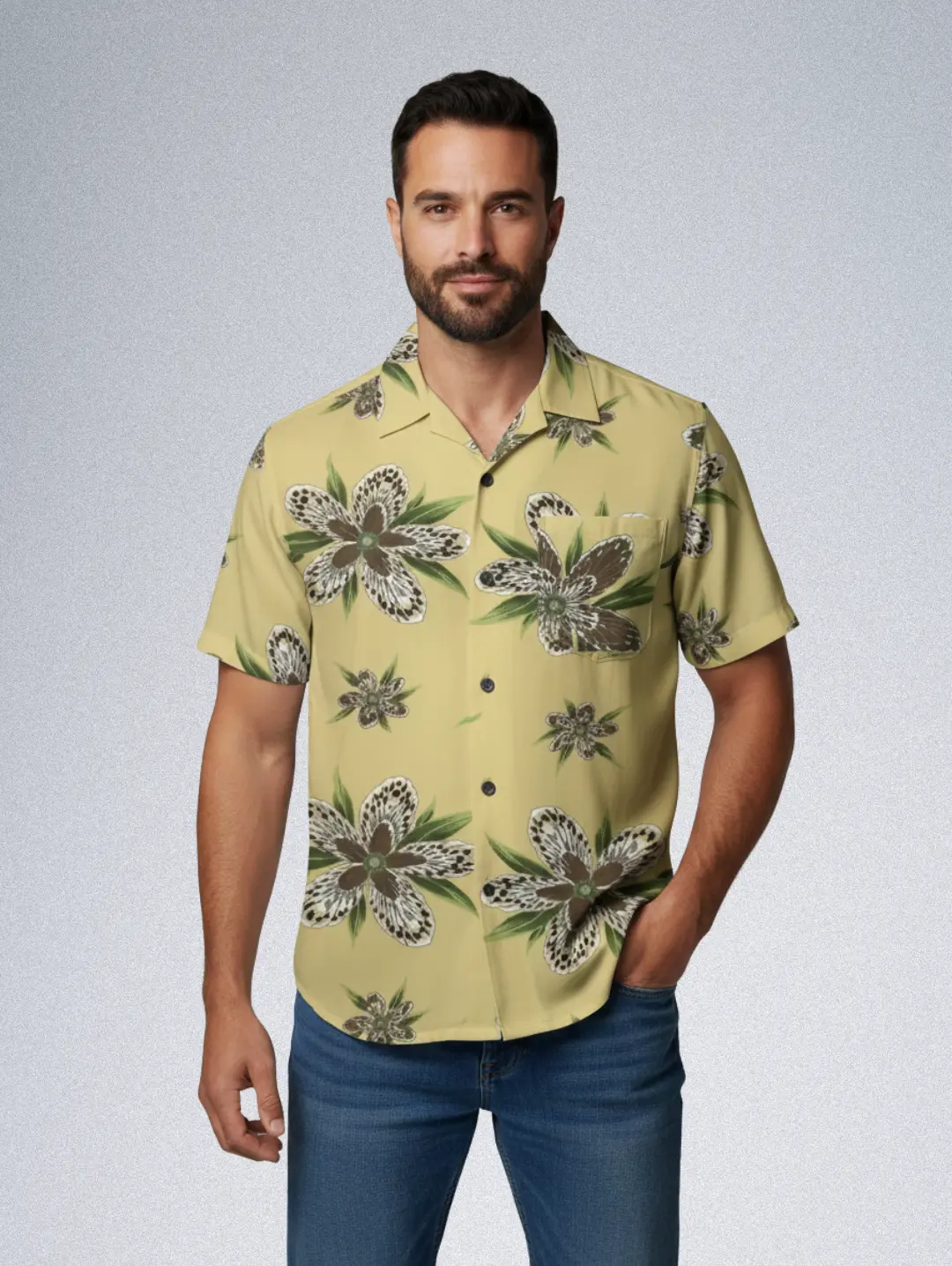 15909-42 UNIONBAY Cotton Shirt - Men's Tropical Floral Print | Yellow Button-Down - Image 1