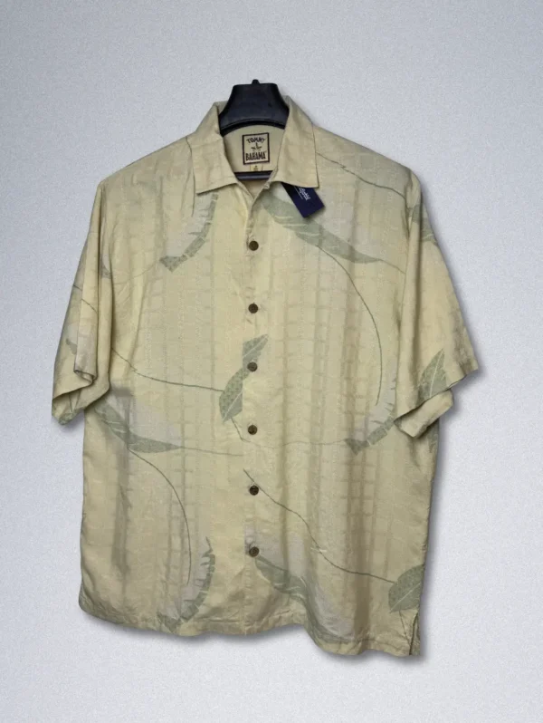 Tommy Bahama Silk Shirt - Men's cream short-sleeve button-down with a subtle pale green leaf print and a textured grid pattern.