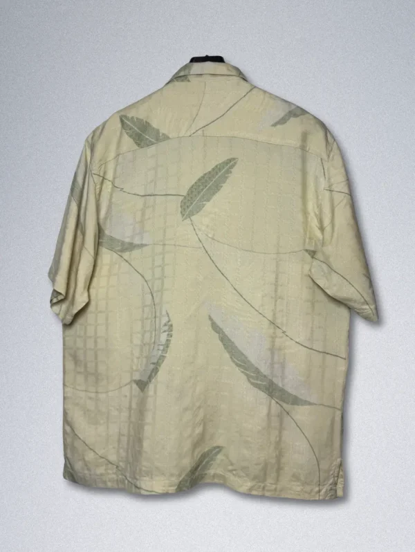 Tommy Bahama Silk Shirt - Men's cream short-sleeve button-down with a subtle pale green leaf print and a textured grid pattern.