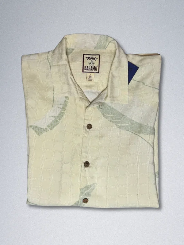 Tommy Bahama Silk Shirt - Men's cream short-sleeve button-down with a subtle pale green leaf print and a textured grid pattern.